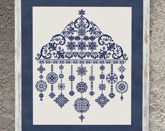 Monochrome Sampler Cross Stitch Pattern, Counted Cross Stitch Chart, Snowflakes Quaker Sampler X Stitch Embroidery, Instant Download PDF