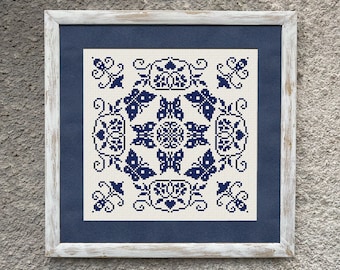 Butterflies Sampler Cross Stitch Pattern, X Stitch Chart, Monochrome Embroidery, Instant Download PDF