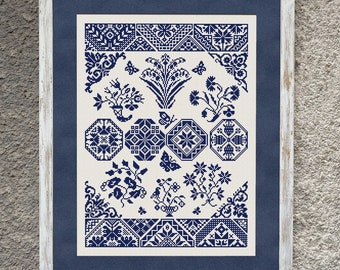 Monochrome Quaker Sampler Cross Stitch Pattern, Cross Stitch Chart, Vintage Floral X Stitch Embroidery, Folk X Stitch, Instant Download PDF