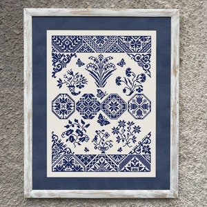 Monochrome Quaker Sampler Cross Stitch Pattern, Cross Stitch Chart, Vintage Floral X Stitch Embroidery, Folk X Stitch, Instant Download PDF