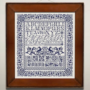 Vintage alfabetsprovkorsstygnsmönster, antik monokrom broderi, direkt nedladdning i PDF-format