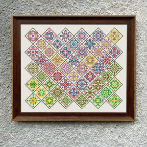 Patrón de punto de cruz de muestra de azulejos, gráfico de punto de cruz, edredón de muestra, bordado de punto de cruz popular multicolor, descarga instantánea de PDF