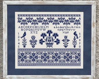Quaker Sampler Cross Stitch Pattern, X Stitch Chart, Vintage Monochrome Embroidery, PDF Download