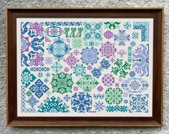 Patrón de punto de cruz "Muestrario Multicolor", gráfico de punto de cruz, punto Quaker Sampler X, bordado de punto de cruz popular, descarga instantánea en PDF