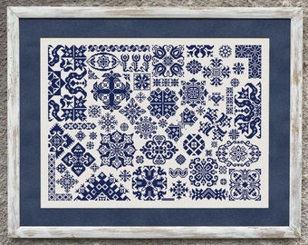 Échantillon monochrome motif point de croix, grille de point de croix, échantillonneur Quaker, motif de broderie folk vintage Xstitch, téléchargement immédiat PDF