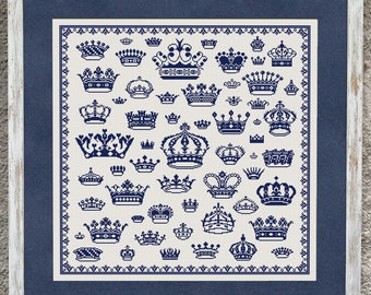 Сrowns Sampler Cross Stitch Pattern, Cross Stitch Chart, Monochrome Sampler, Сrowns Cross Stitch Embroidery Pattern, Instant Download PDF