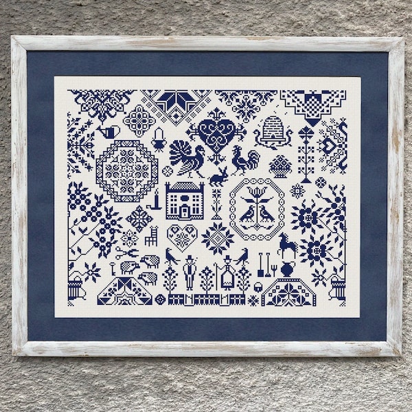 Village Quaker Sampler Cross Stitch Pattern, Cross Stitch Chart, Monochrome X Stitch Embroidery, Farmhouse Sampler, Instant Download PDF