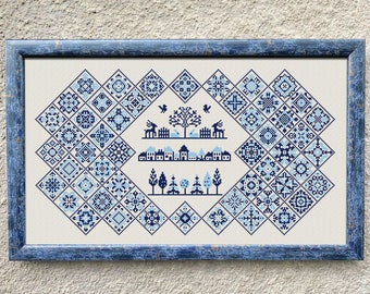 Echantillonneur d'humeur bleue au point de croix, grille de points en X, motif de broderie d'échantillons de carreaux d'hiver, téléchargement PDF