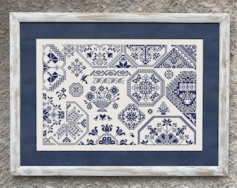 Patrón de punto de cruz monocromático estilo cuáquero, diagrama de punto de cruz contado fácil, bordado folclórico vintage en punto de cruz, descarga instantánea en PDF.