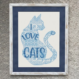 I Love Cats Sampler Cross Stitch Pattern, Easy Counted Cross Stitch Chart, Cat Silhouette Cross Stitch Embroidery, Instant Download PDF