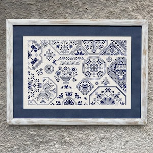 Monochrome Quaker Sampler Cross Stitch Pattern, Easy Counted X Stitch Chart, Vintage Folk Cross Stitch Embroidery Instant Download PDF