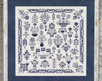 Patrón de punto de cruz de muestrario de flores antiguas, gráfico de punto X, muestrario floral vintage de punto de cruz monocromático para bordado, descarga instantánea en PDF.