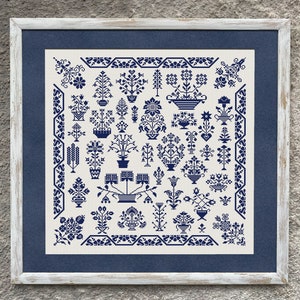 Antieke bloemen sampler kruissteekpatroon, X-stekentabel, bloemen sampler vintage zwart-wit kruissteekborduurwerk Instant download pdf