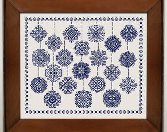 Modèle de point de croix Sampler flocons de neige, grille de points en X facile à compter, broderie Quaker Sampler monochrome en X, téléchargement immédiat au format PDF