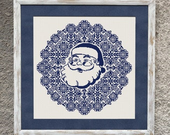 Echantillon de Noël au point de croix, grille de points en X, broderie d'hiver monochrome Père Noël, téléchargement PDF
