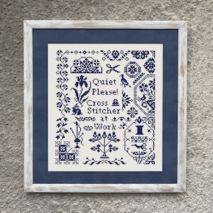 Cross Stitcher At Work Mini Quaker Sampler Cross Stitch Pattern, Easy Counted X Stitch Chart, Monochrome Quaker Sampler Instant Download PDF