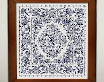 Large Monochrome Sampler Cross Stitch Pattern, Сross Stitch Chart, Antique Floral Sampler Cross Stitch Embroidery, Instant Download PDF