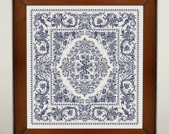 Large Monochrome Sampler Cross Stitch Pattern, Сross Stitch Chart, Antique Floral Sampler Cross Stitch Embroidery, Instant Download PDF