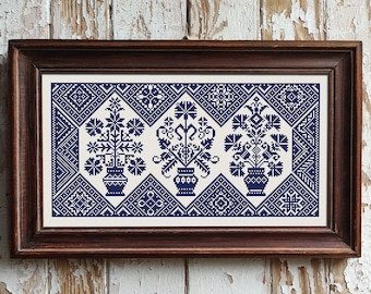 Floral Sampler Cross Stitch Pattern, X Stitch Chart, Quaker Sample, Vintage Folk Monochrome Cross Stitch Embroidery, Instant Download PDF