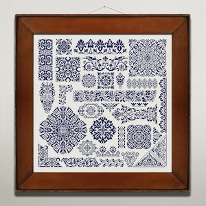 Monochrome Sampler Cross Stitch Pattern, Cross Stitch Chart, Vintage Folk X Stitch, Antique Cross Stitch Embroidery, Instant Download PDF