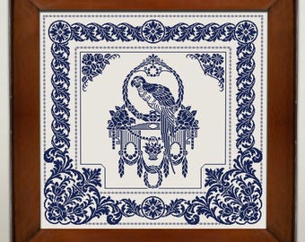 Large Parrot Sampler Cross Stitch Pattern, X Stitch Chart, Antique Monochrome Embroidery, PDF Download