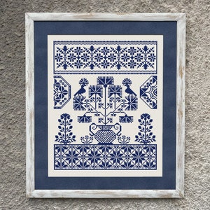 Monochrome Floral Sampler Cross Stitch Pattern, Cross Stitch Chart, Quaker Sampler Vintage Folk Cross Stitch Embroidery Instant Download PDF