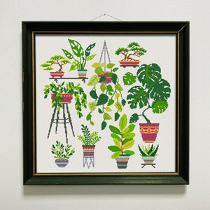 Padrão de ponto cruz de plantas domésticas, gráfico de ponto cruz, bordado em ponto X de plantas modernas, ponto X de botânica, jardim doméstico, download instantâneo de PDF