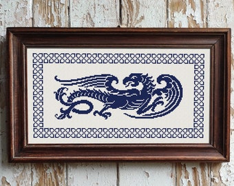 Motif de point de croix monochrome Dragon Sampler, grille de point de croix, créature mythique vintage broderie au point de croix, téléchargement immédiat PDF