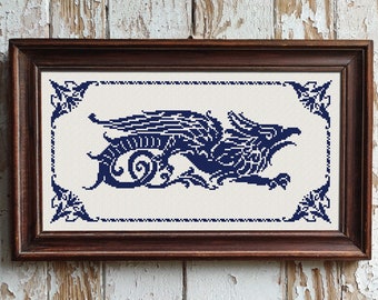 Dragon Sampler Monochrome Cross Stitch Pattern, Cross Stitch Chart, Mythical Creature Vintage Cross Stitch Embroidery, Instant Download PDF