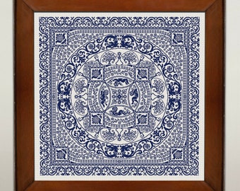 Échantillonneur anges et dragons, motif point de croix, grille de points en X, échantillonneur monochrome vintage, broderie florale au point de croix, téléchargement immédiat PDF