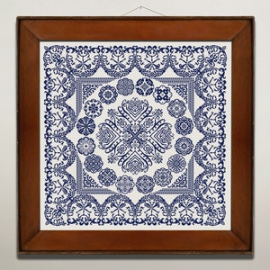 Puede incluir: Una pieza de bordado enmarcada con fondo blanco y un diseño azul. El diseño presenta un motivo central de una flor estilizada de cuatro pétalos, rodeada de motivos circulares más pequeños y un borde de intrincados patrones florales.