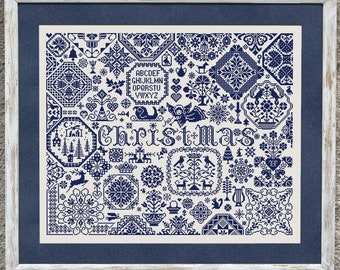 Christmas Quaker Sampler Cross Stitch Pattern, Cross Stitch Chart, Christmas Monochrome Cross Stitch Embroidery Pattern Instant Download PDF