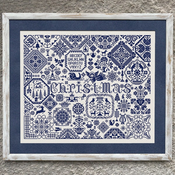 Christmas Quaker Sampler Cross Stitch Pattern, Cross Stitch Chart, Christmas Monochrome Cross Stitch Embroidery Pattern Instant Download PDF