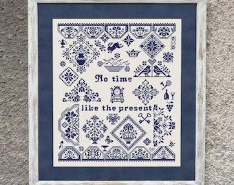 No Time Like The Present Cross Stitch Pattern, X Stitch Chart, Quaker Sampler Monochrome Embroidery, PDF Download