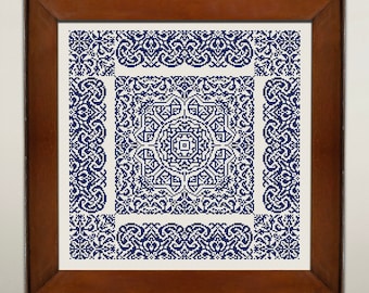May include: A framed artwork with a white background and a blue intricate pattern. The pattern is symmetrical and features a repeating design of swirls and curves.