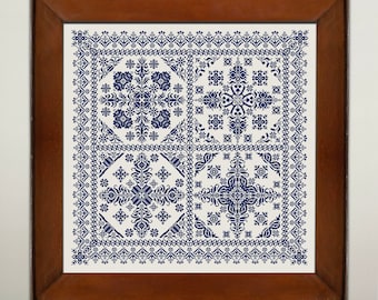 Patrón de punto de cruz monocromático grande, diagrama de punto X, diseño de bordado de azulejos vintage, descarga en PDF