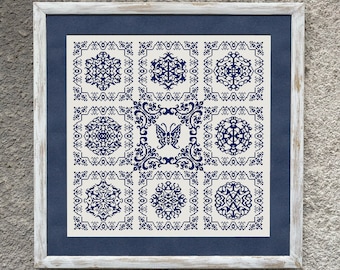 Monochrome Butterfly Sampler Cross Stitch Pattern,  Tiles Embroidery Design, Instant Download PDF