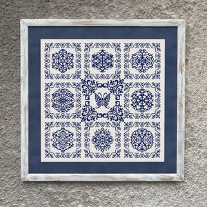Monochrome Butterfly Sampler Cross Stitch Pattern,  Tiles Embroidery Design, Instant Download PDF