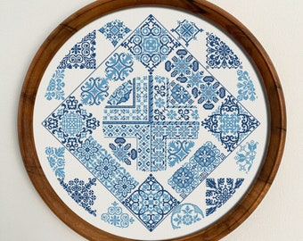 Round Sampler Cross Stitch Pattern, X Stitch Chart, Geometric Folk Embroidery, PDF Download