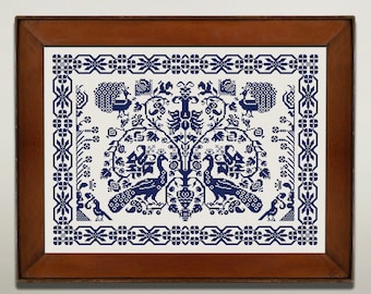 Peacocks Sampler Cross Stitch Pattern, X Stitch Chart, Antique Monochrome Embroidery, Instant Download PDF