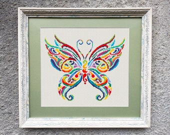 Motif papillon coloré au point de croix, grille de points en X facile à compter, broderie papillon multicolore moderne au point X, téléchargement immédiat au format PDF