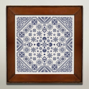 Monochrome Sampler Cross Stitch Pattern, Cross Stitch Chart, Quaker Sampler, Vintage Folk X Stitch Embroidery, Instant Download PDF