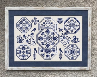 Patrón de punto de cruz monocromático estilo Quaker Sampler, gráfico de punto de cruz, bordado folclórico vintage, punto de cruz floral, descarga instantánea en PDF.