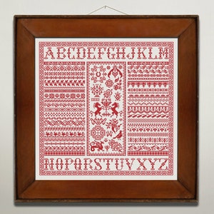 Sampler Borders Cross Stitch Pattern, Monochrome Cross Stitch Chart, Alphabet Quaker Sampler, Vintage Folk Xstitch, Instant Download PDF