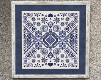 Monochrome Geometric Sampler Cross Stitch Pattern, X Stitch Chart, Snowflakes Embroidery, Instant Download PDF