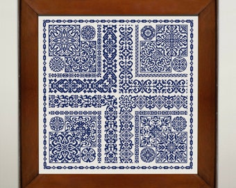 Échantillonneur géométrique monochrome au point de croix, grille de points en X, broderie vintage, téléchargement immédiat au format PDF