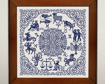 Astrological Signs Sampler Cross Stitch Pattern, Cross Stitch Chart, Monochrome Sampler, Zodiac X Stitch Embroidery, Instant Download PDF