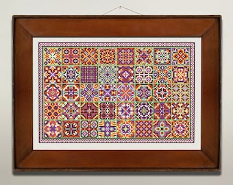 Patchwork Sampler Cross Stitch Pattern, X Stitch Chart, Sampler Squares, Tiles Sampler Folk Cross Stitch Embroidery, Instant Download PDF