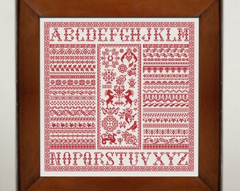 Sampler Borders Cross Stitch Pattern, Monochrome Cross Stitch Chart, Alphabet Quaker Sampler, Vintage Folk Xstitch, Instant Download PDF