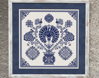 Peacocks Sampler Cross Stitch Pattern, X Stitch Chart, Antique Monochrome Embroidery, Instant Download PDF
